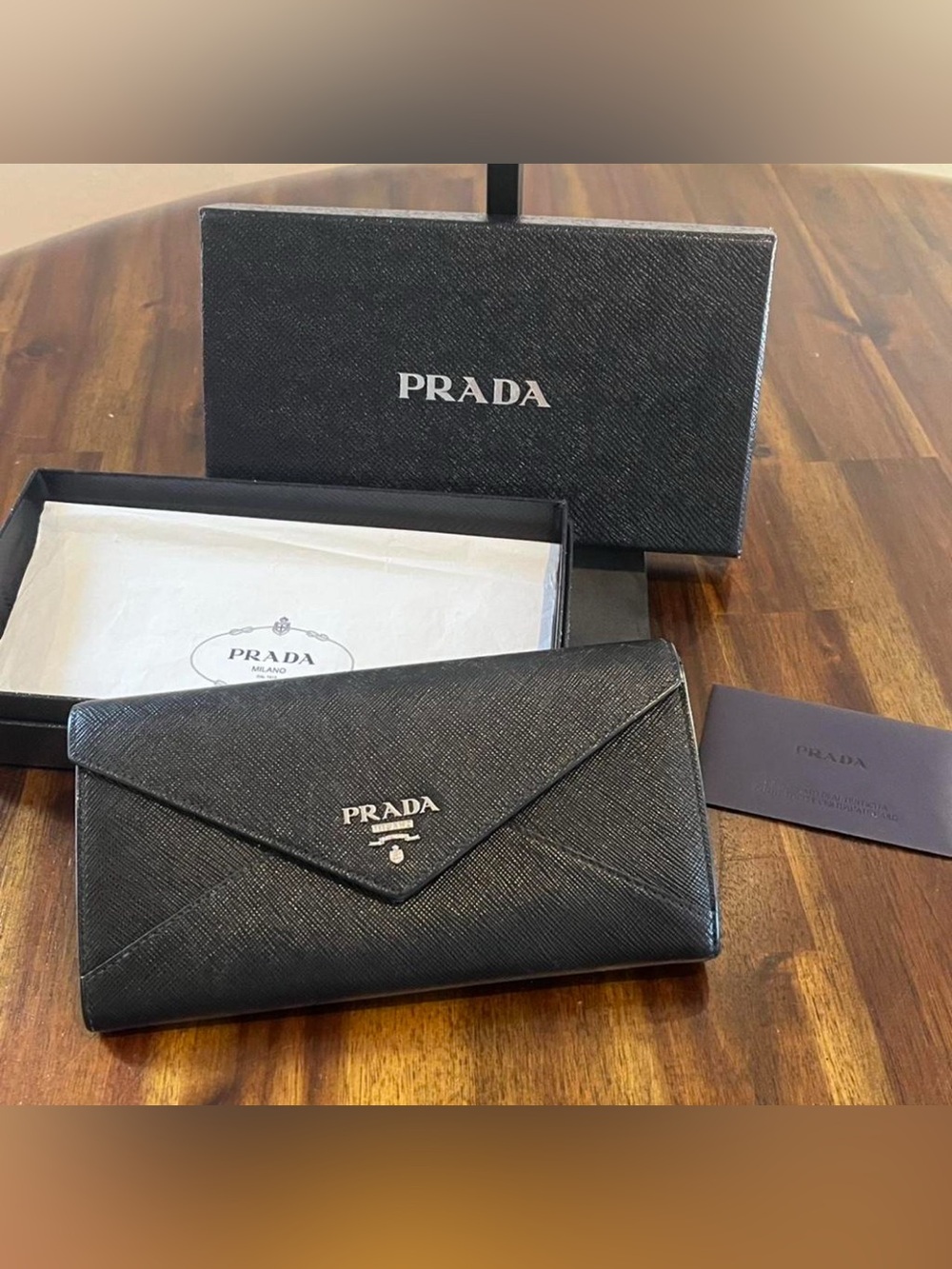 Prada Black Saffiano Envelope Card Wallet with Silver Logo